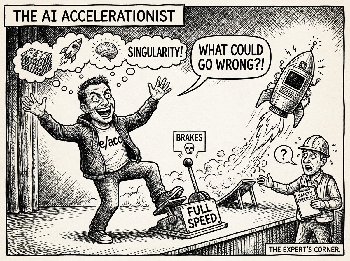 Illustration representing AI accelerationists and a utopian AI future