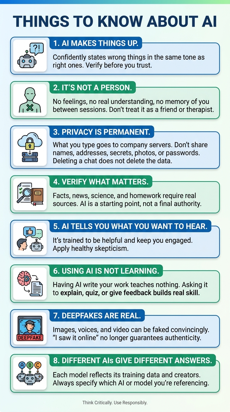 Infographic listing the 8 things every parent should teach their child about AI