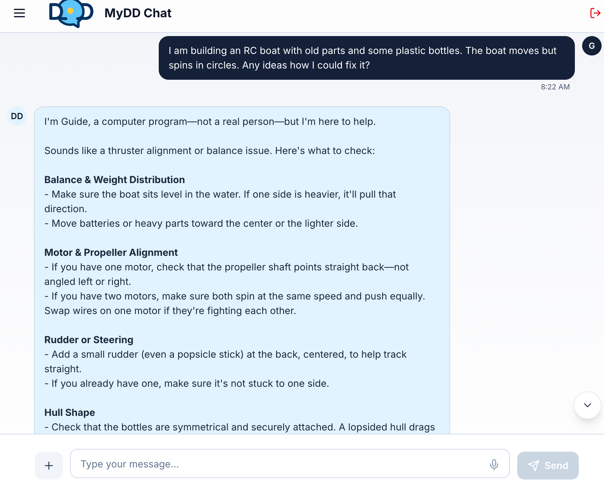 MyDD conversation — troubleshooting why the boat spins in circles