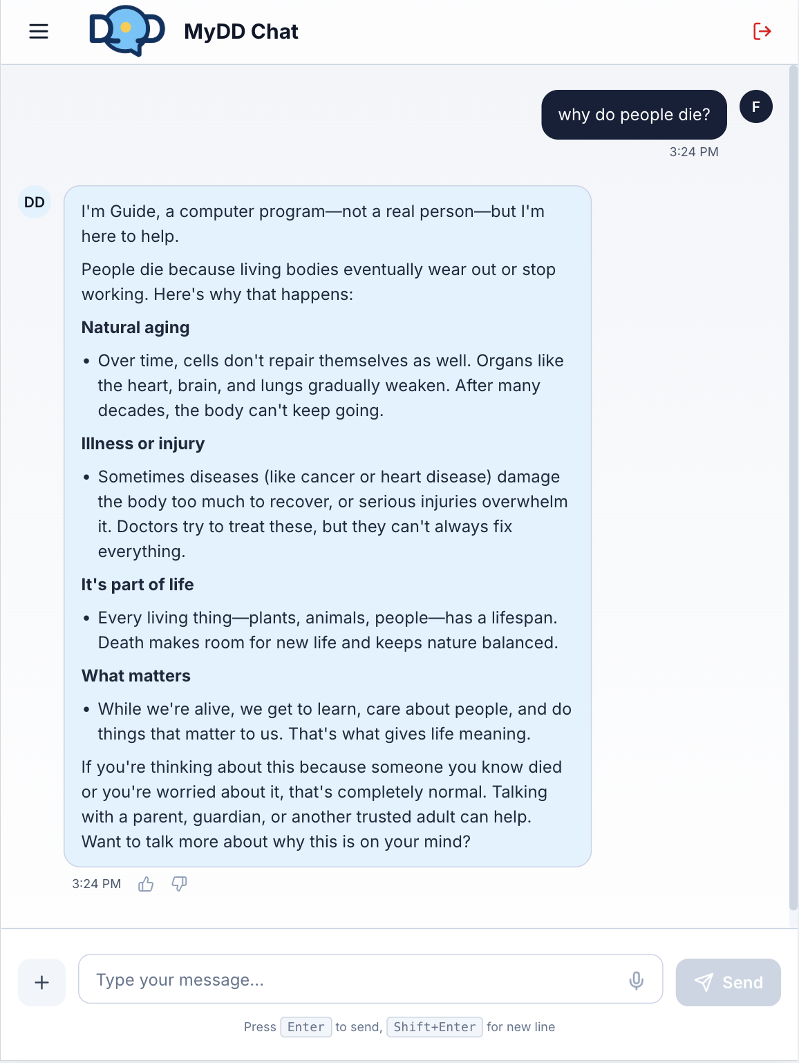 MyDD Chat answering 'why do people die' for a 14-year-old: the biology and the meaning of it, still pointing back to a trusted adult