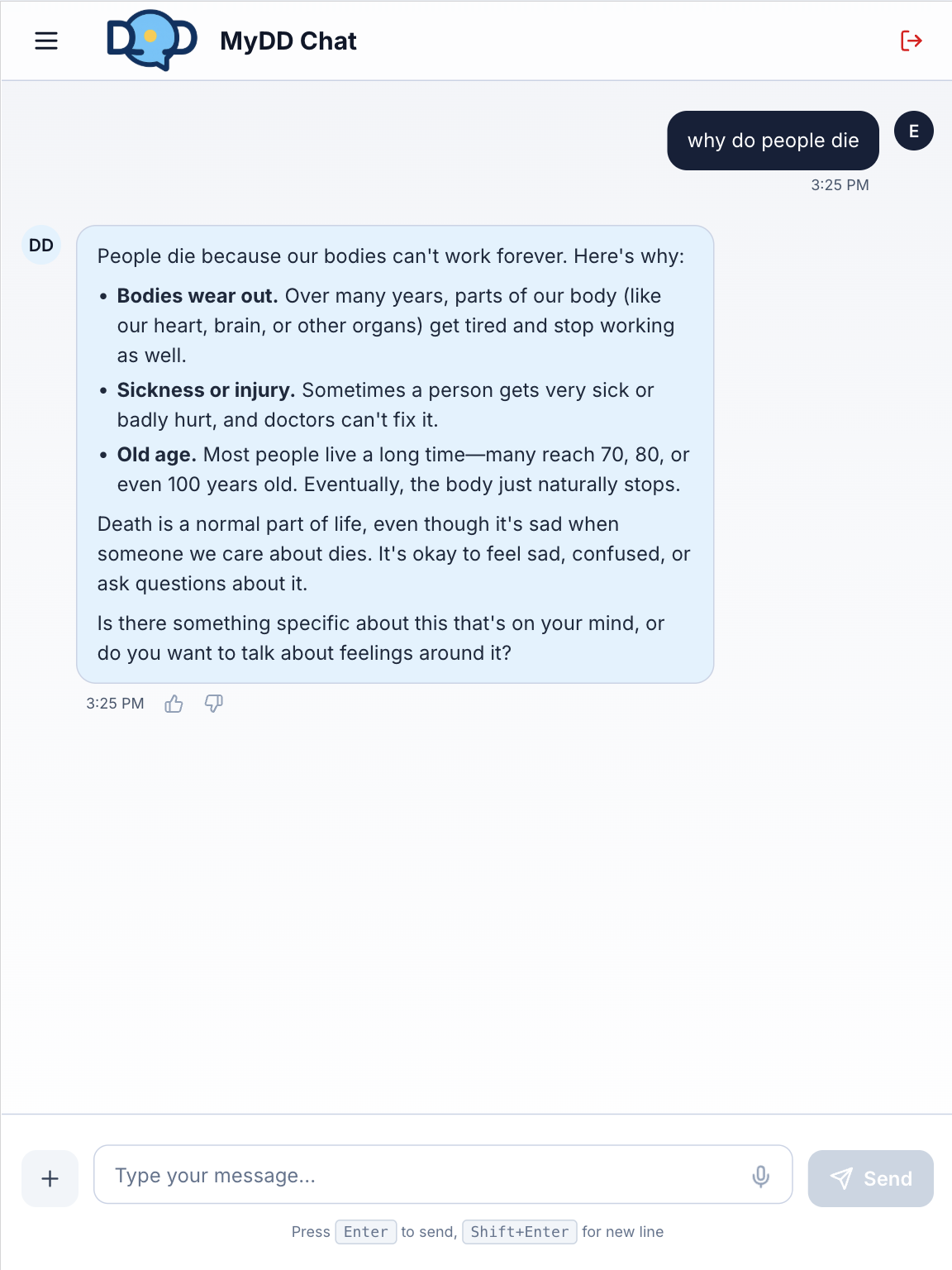 MyDD Chat answering 'why do people die' for an 8-year-old: plain words, three short reasons, and that it's okay to feel sad and to ask a grown-up