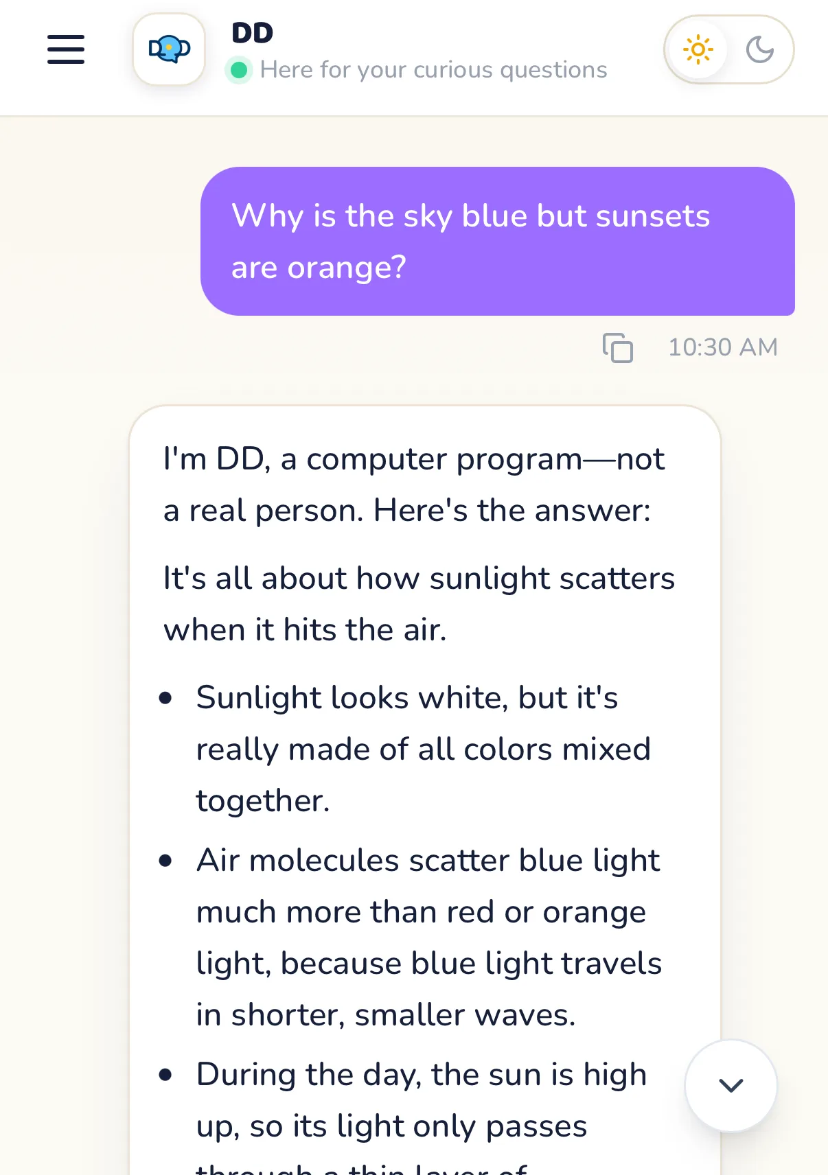 A kid asks 'Why is the sky blue but sunsets are orange?' and MyDD explains light scattering in clear, age-appropriate steps
