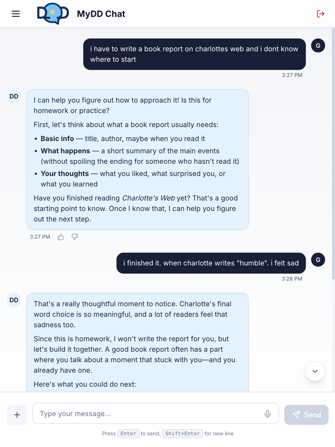 A real MyDD Chat conversation: a kid asks how to start a Charlotte's Web book report, and MyDD helps build it together instead of writing it, noting 'since this is homework, I won't write the report for you'