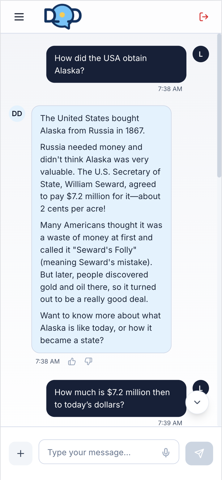 A real MyDD Chat conversation: a kid asks how the USA obtained Alaska, MyDD explains the 1867 purchase and Seward's Folly, and the kid follows up about today's dollars