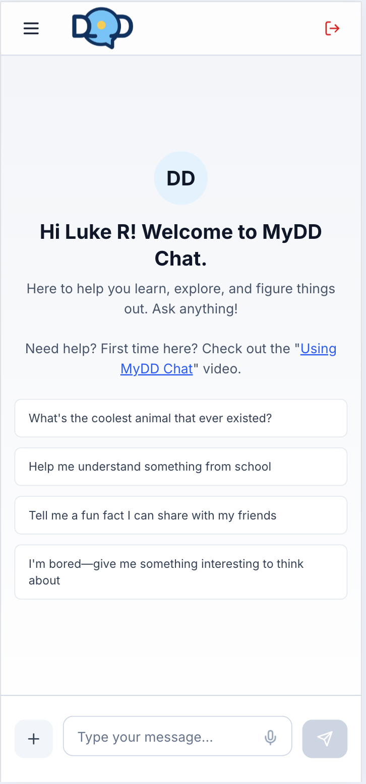 MyDD Chat welcome screen