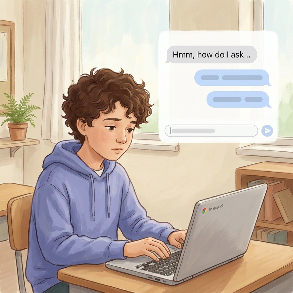 AI-generated illustration of a student typing a homework question into MyDD Chat on a Chromebook
