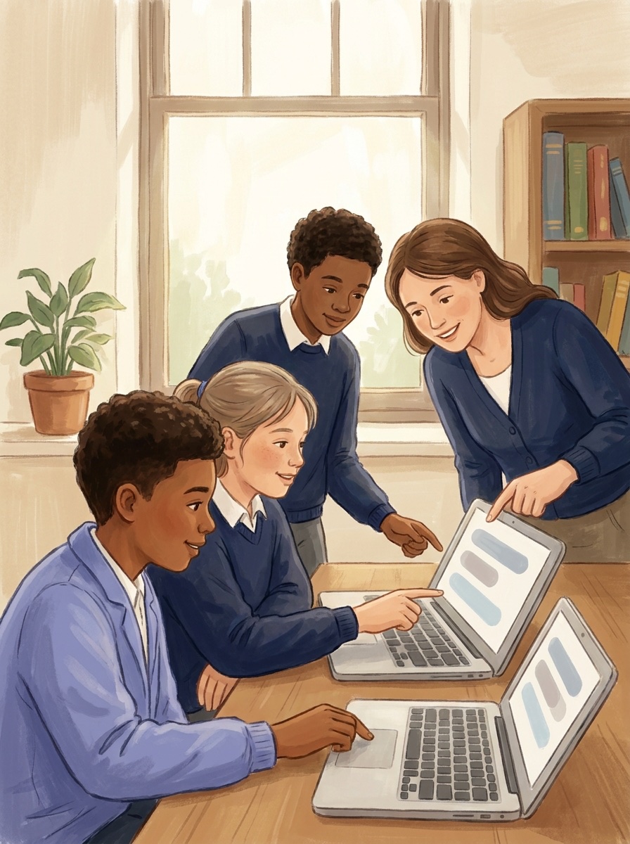 AI-generated illustration of a teacher and middle schoolers working through a MyDD lab on laptops in a classroom