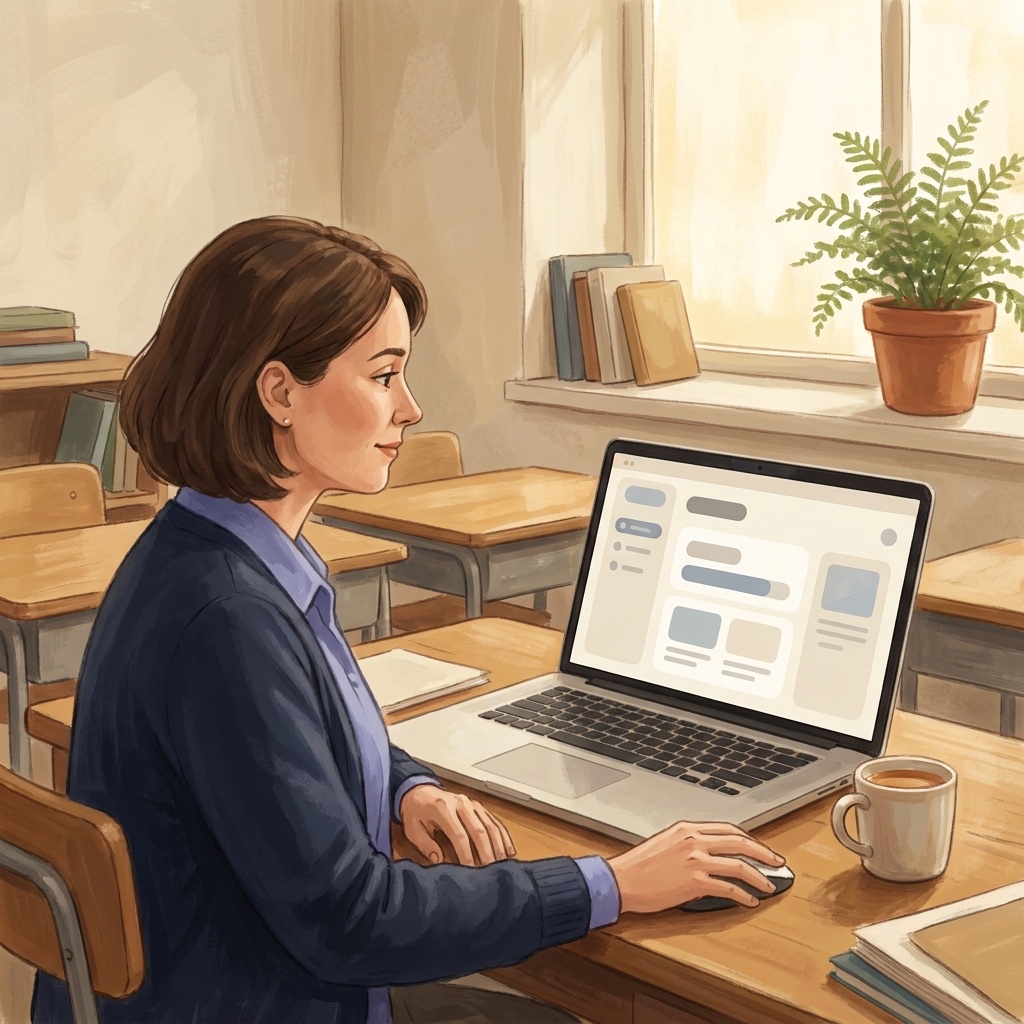 AI-generated illustration of a teacher reviewing the teacher dashboard on a laptop