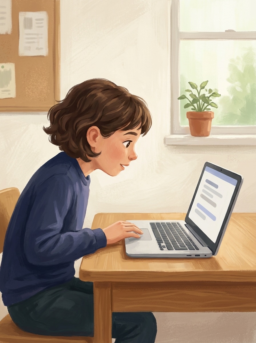 AI-generated illustration of a student running a MyDD Chat lab on a Chromebook