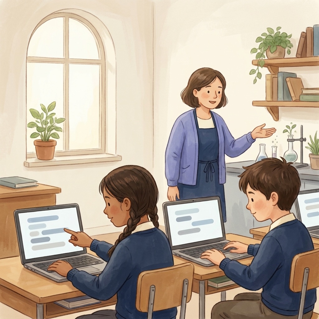 AI-generated illustration of a teacher leading a lab with students at desks