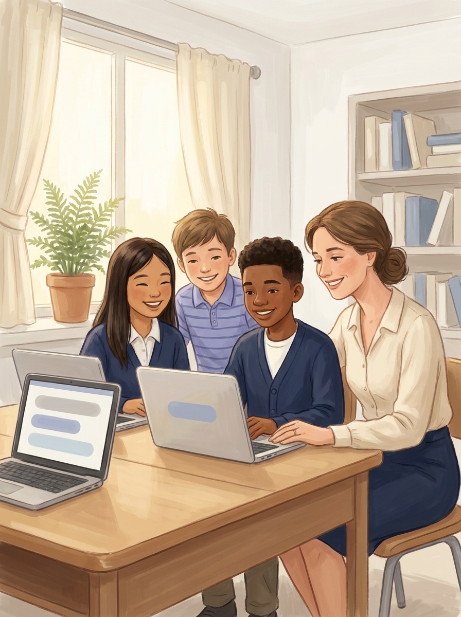 AI-generated illustration of a teacher and students around laptops, relaxed and confident