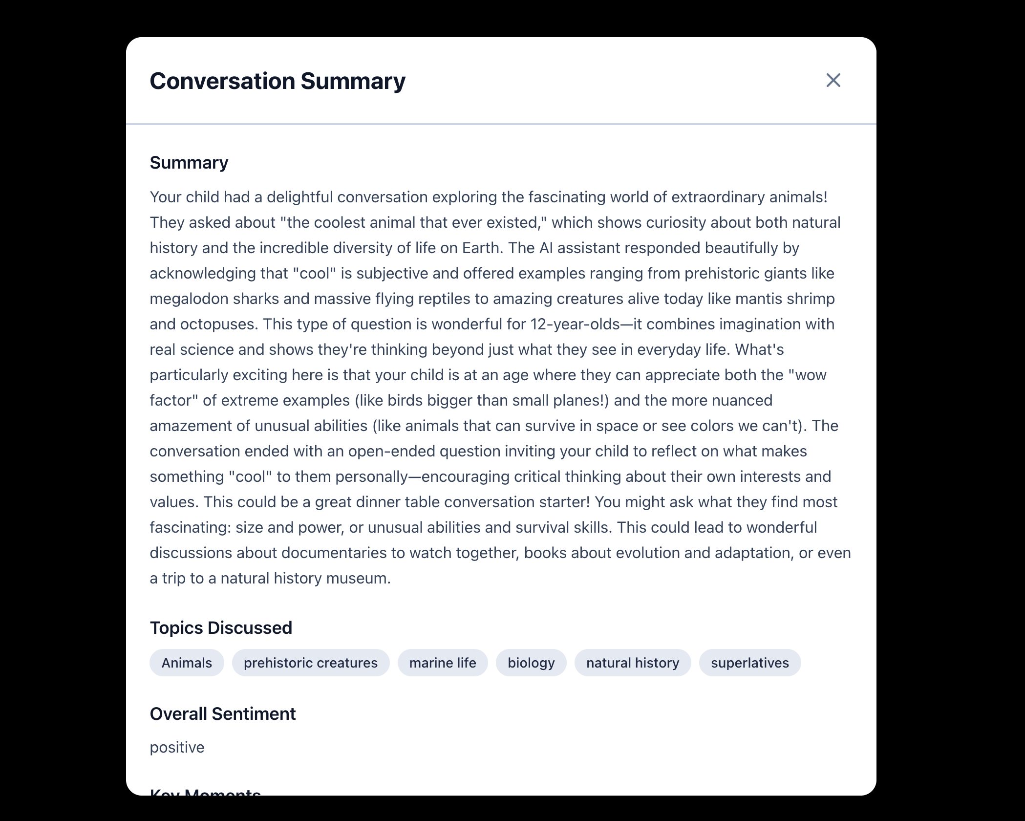 On-demand conversation summary showing topics discussed and overall sentiment