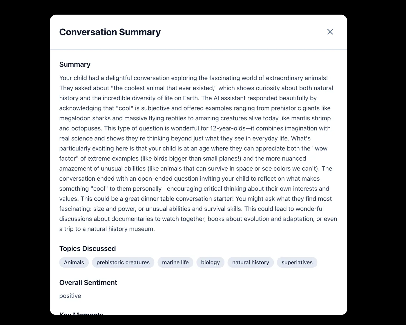 An on-demand summary of a single conversation, with the option to read the full transcript