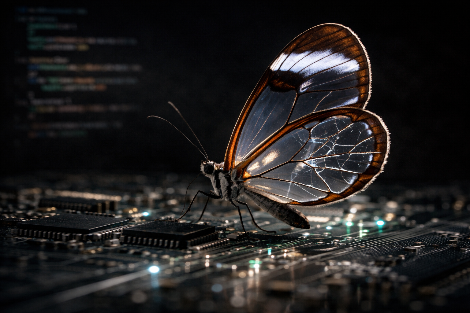 Glasswing butterfly on code background