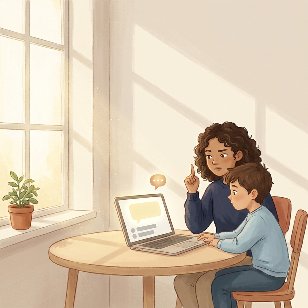 A teenager and a younger child thinking critically about what an AI assistant is telling them on a laptop