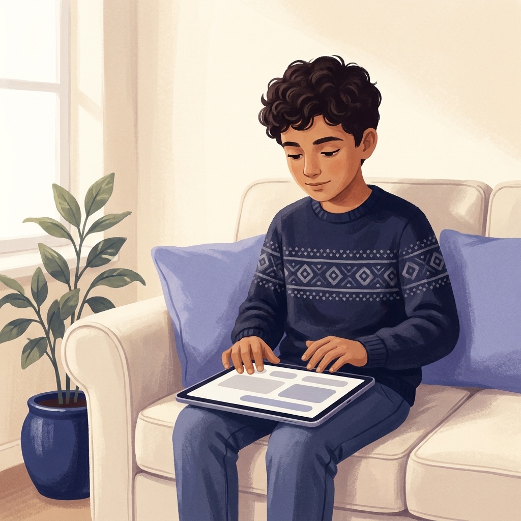 AI-generated illustration of a middle schooler typing a homework question into MyDD Chat on a tablet