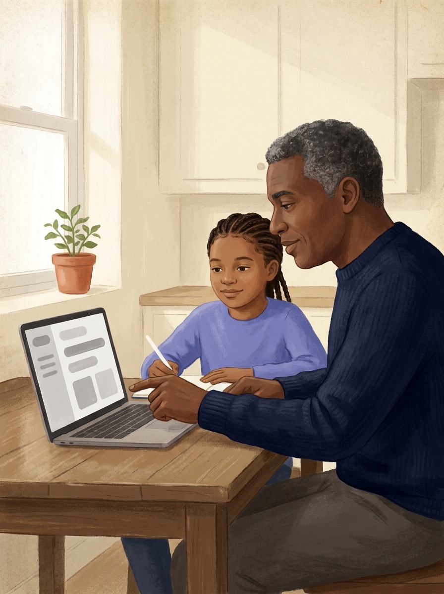AI-generated illustration of a parent and their middle schooler working through a MyDD lesson together on a laptop at home