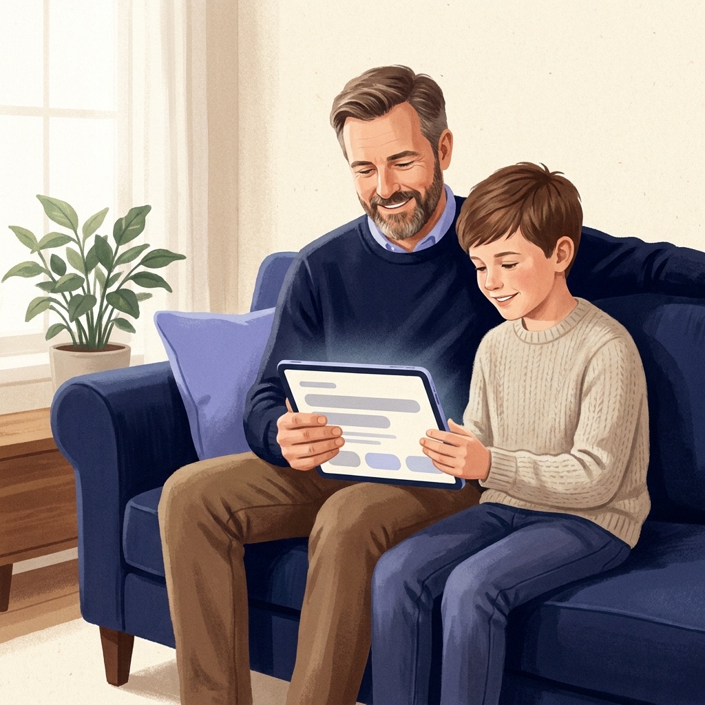 AI-generated illustration of a parent and their middle schooler reviewing the parent dashboard together on a tablet