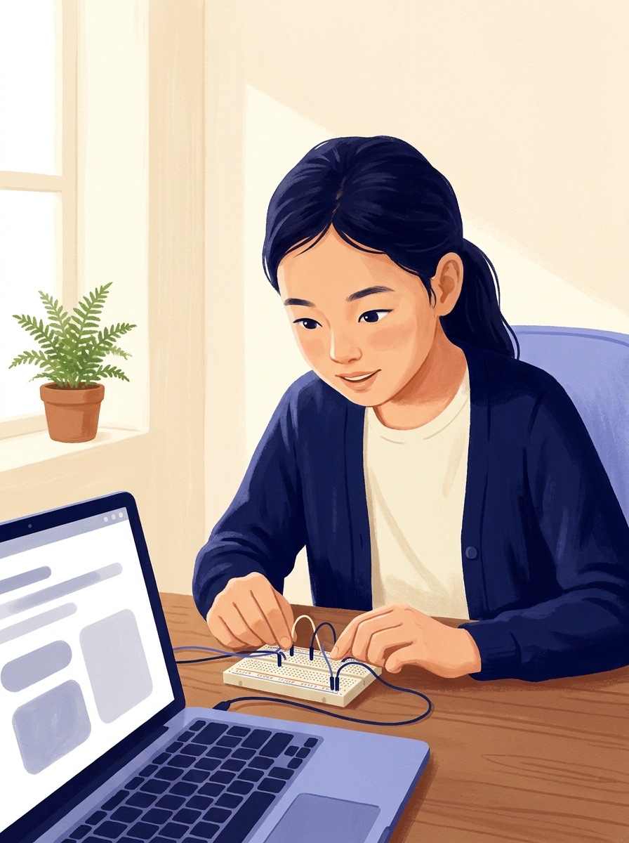 AI-generated illustration of a middle schooler running a MyDD Chat lab on a laptop