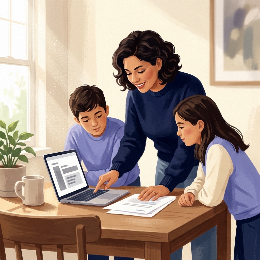 AI-generated illustration of a parent working through a hands-on lesson with two middle schoolers at a kitchen table