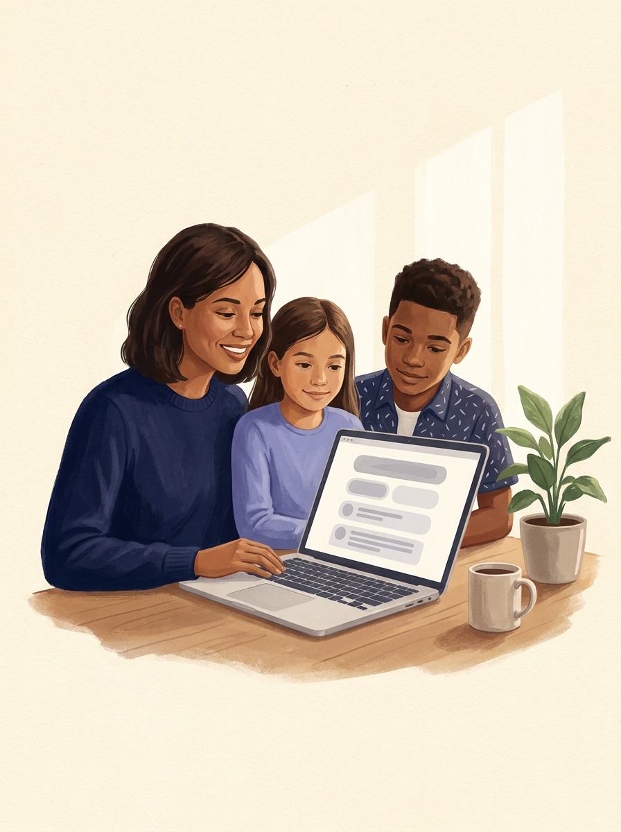 AI-generated illustration of a parent and kids gathered around a laptop at home, relaxed and confident