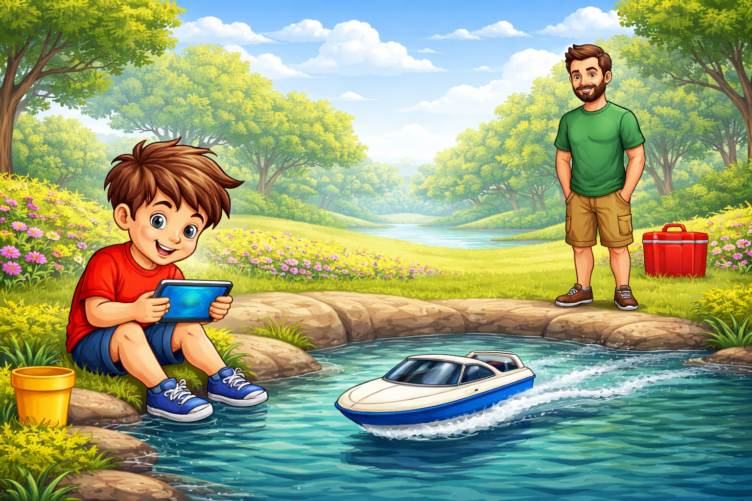 A boy using a tablet by a pond to guide his RC boat while his dad watches