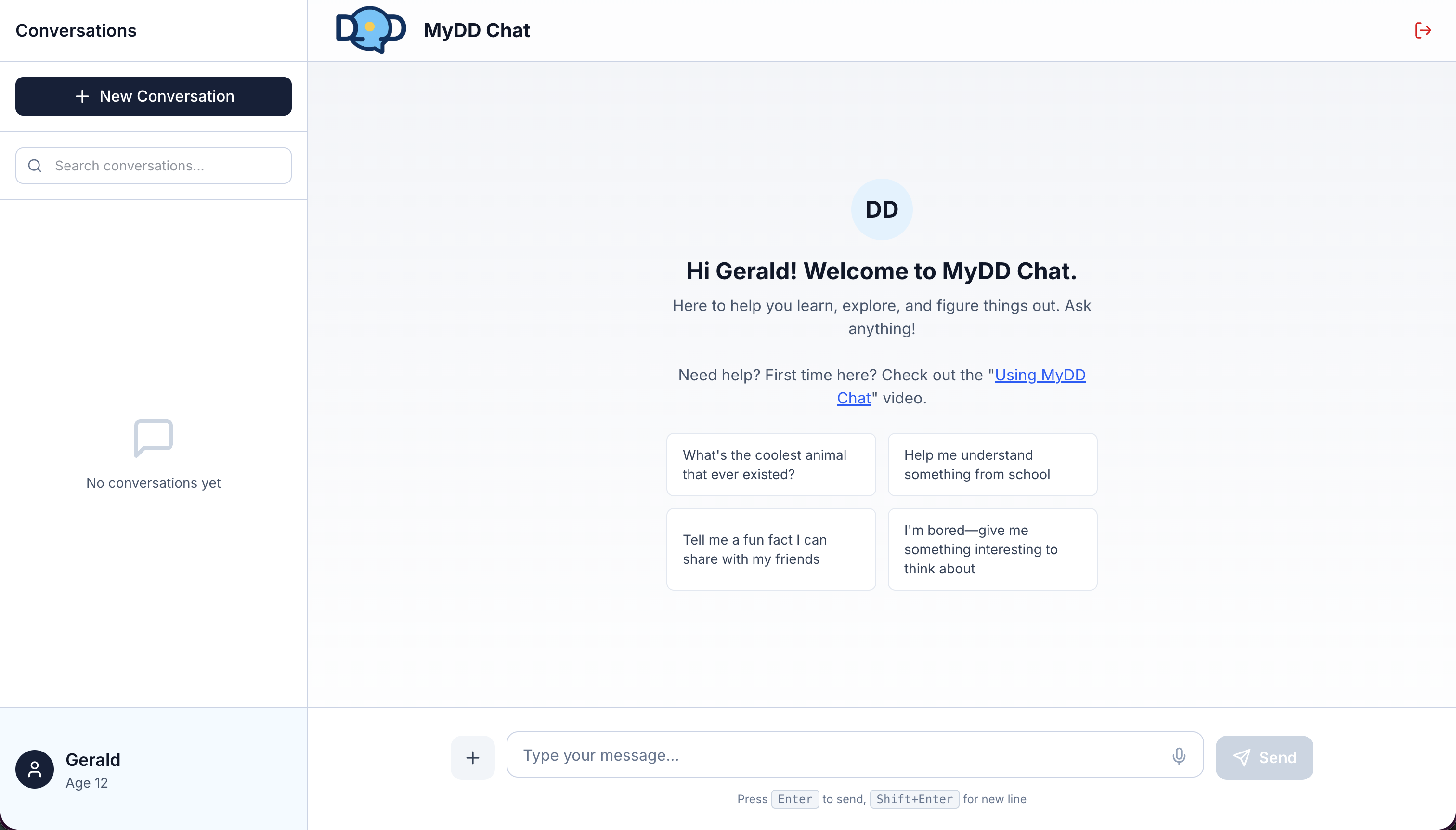 The MyDD.ai chat interface showing a child's conversation
