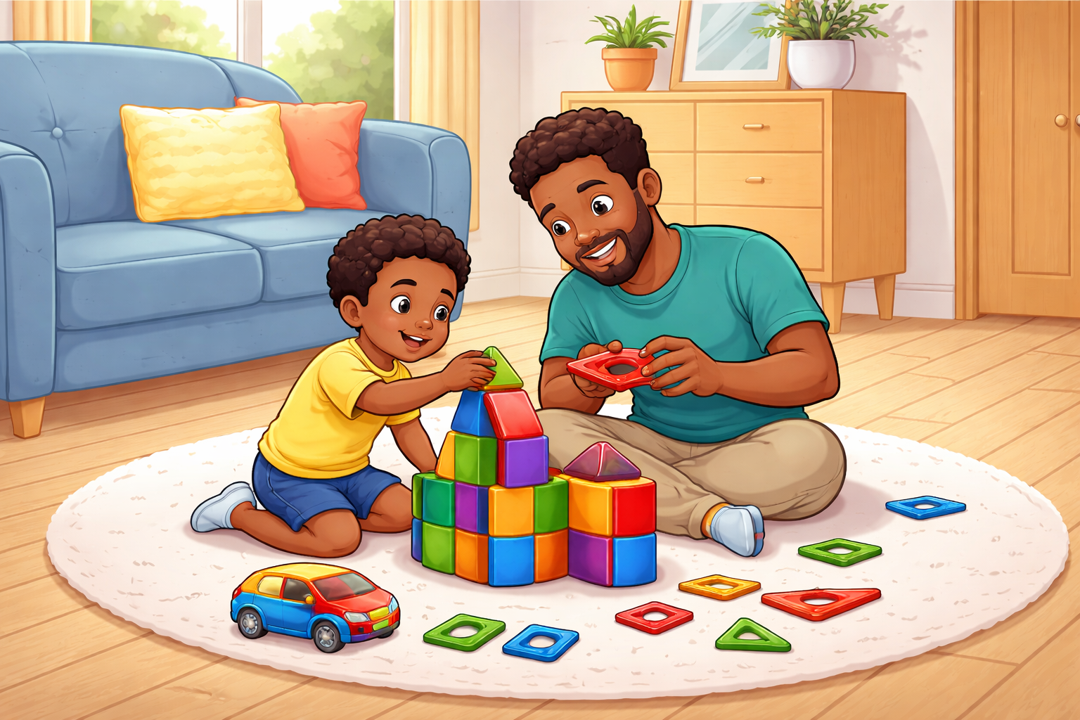 Parent and child playing with building blocks on the floor