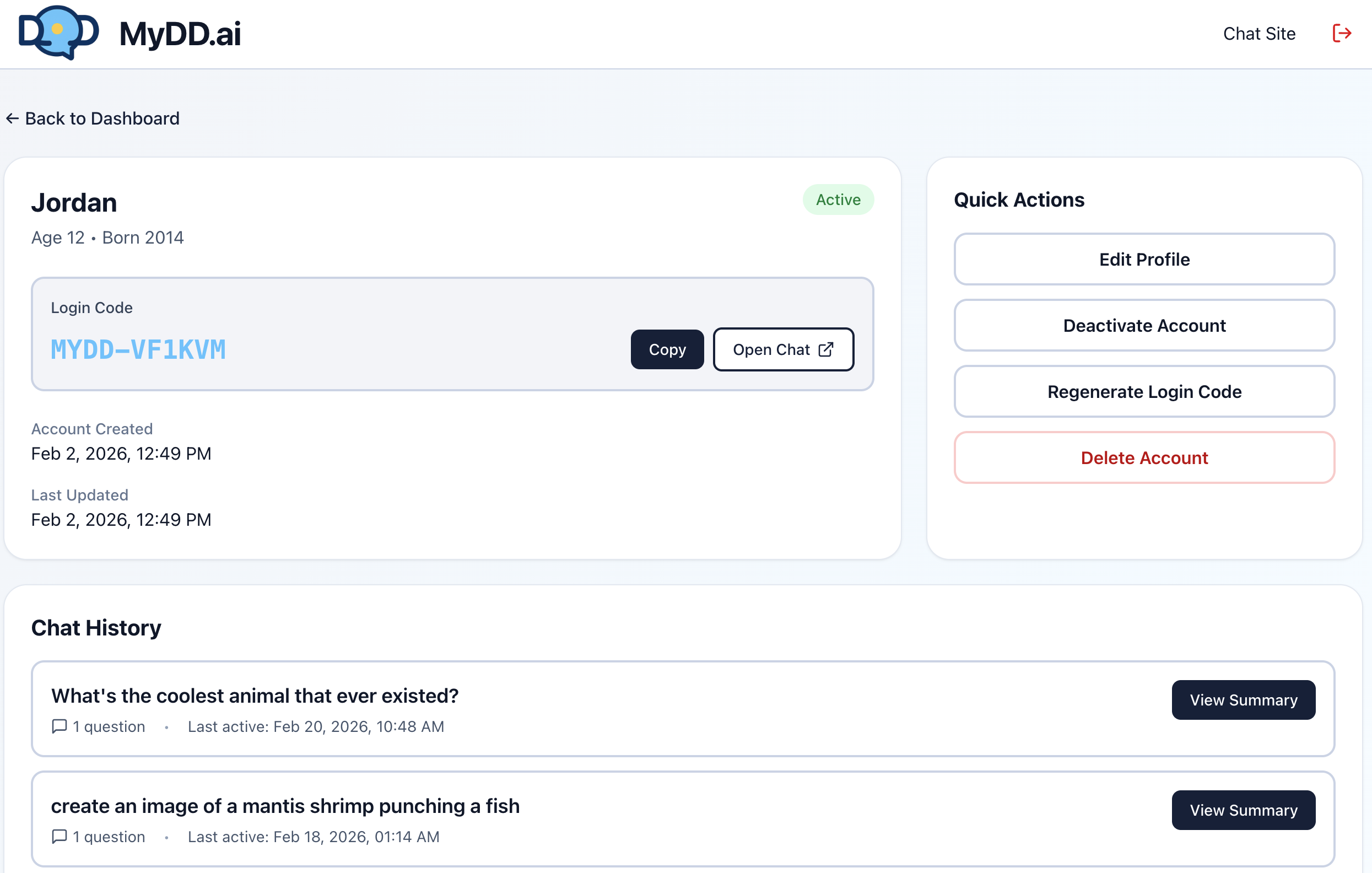 Parent dashboard showing child's conversation titles with View Summary buttons