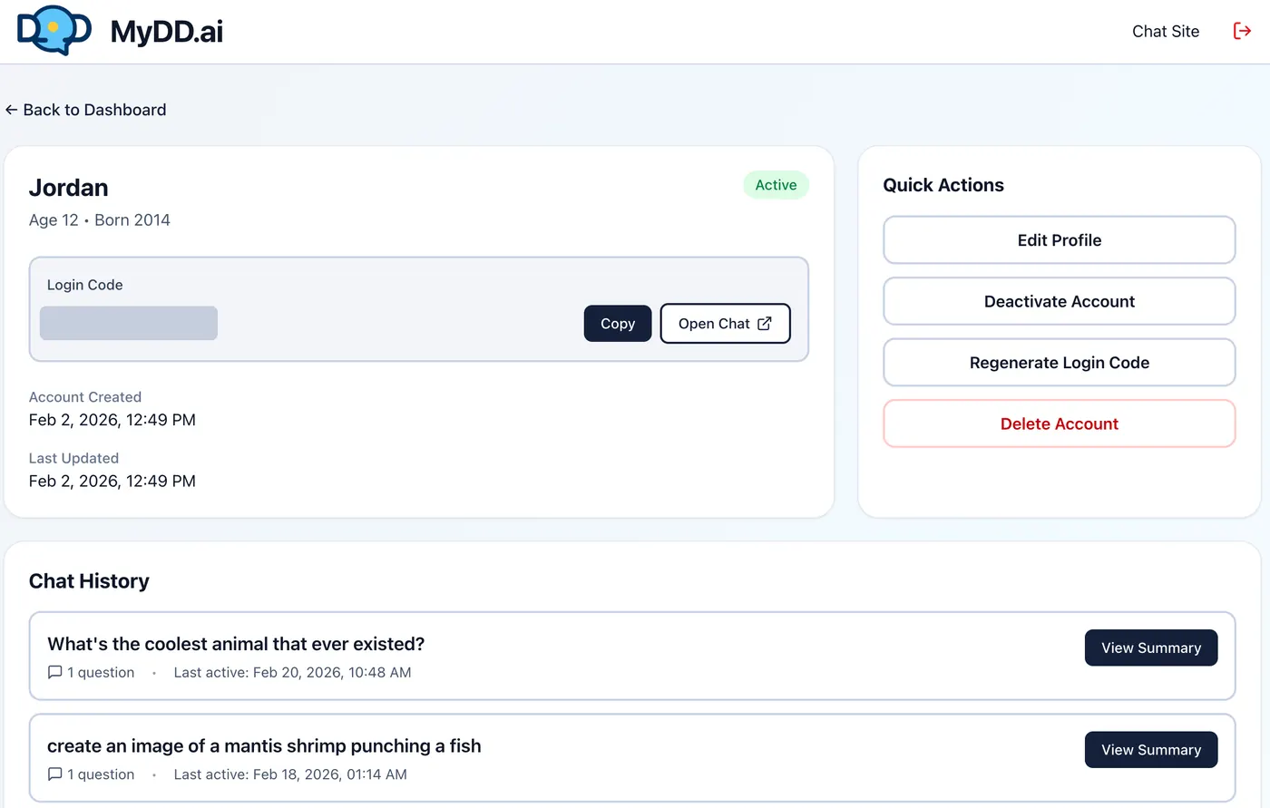A child's conversation list in the dashboard: each chat named by topic with a one-line summary, newest first