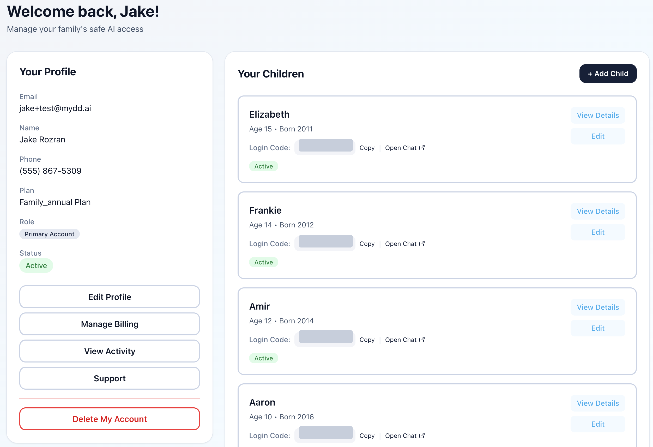 The MyDD parent dashboard: your profile and plan on the left, each child with their login code and an Open Chat link on the right