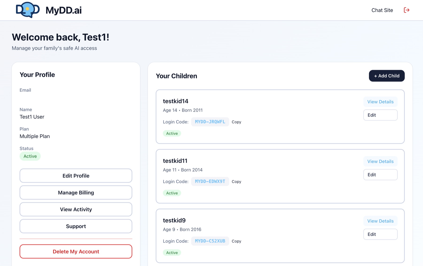 MyDD.ai parent dashboard showing profile management and children's accounts