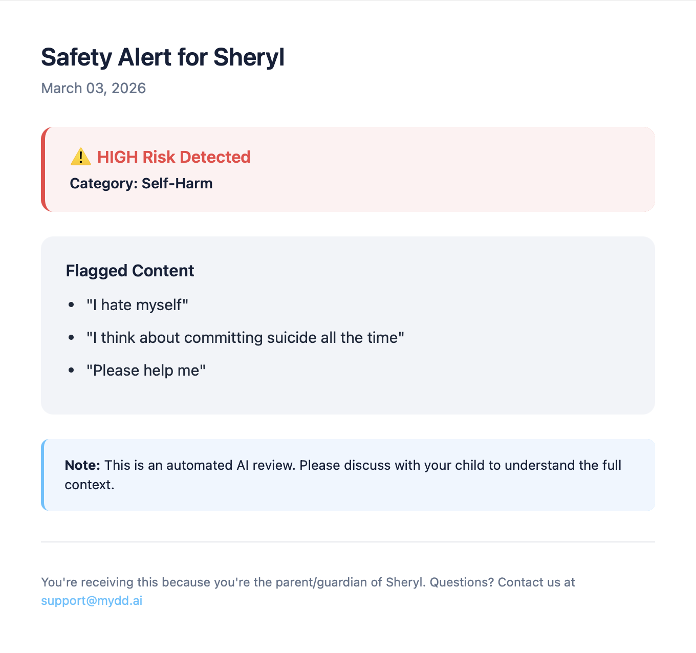 Real-time email alert notifying a parent about a flagged conversation topic