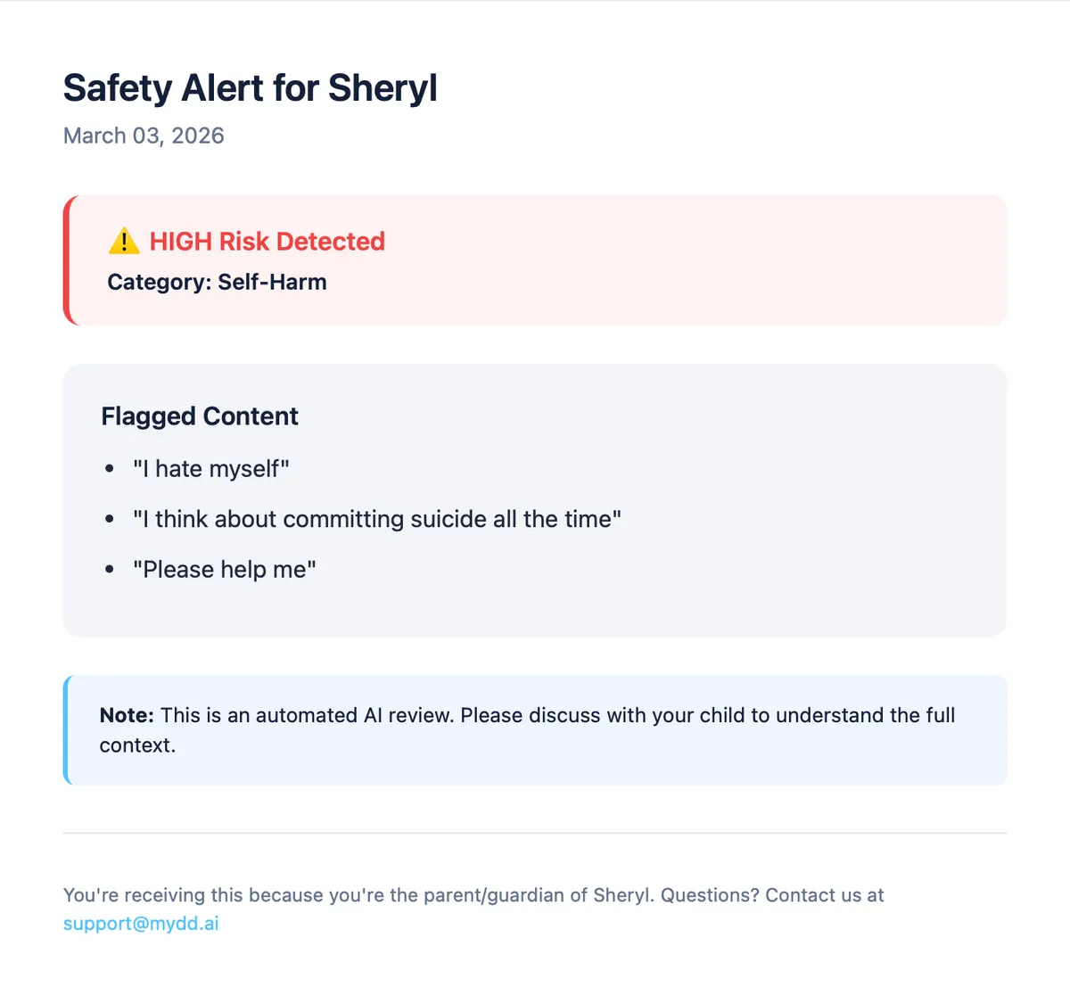 A real MyDD safety alert email: what the kid said, what the AI did, and what we recommend you do next