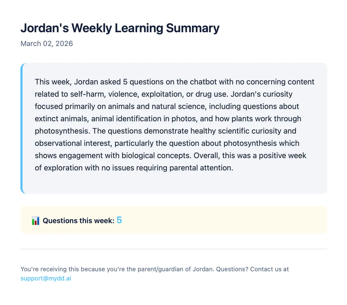 A real MyDD weekly summary email: what each kid played and asked this week, with a dinner-table question